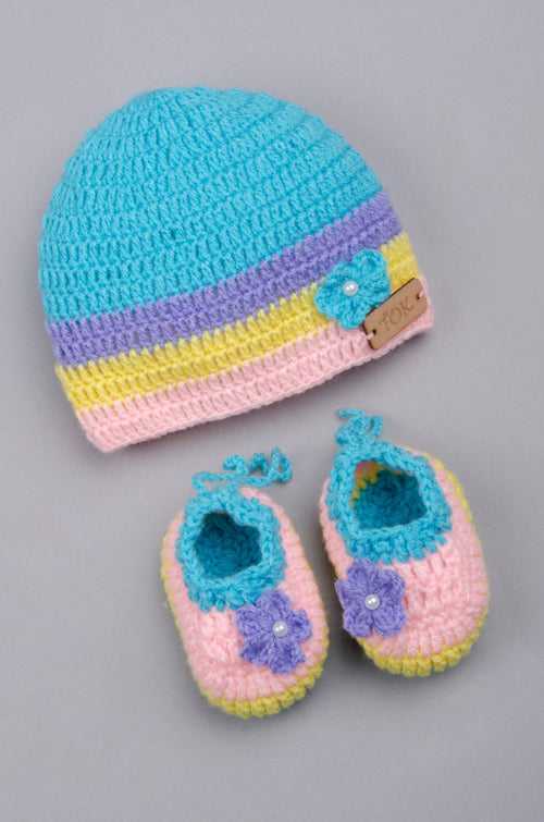Striped Handmade Cap With Booties- Blue & Pink