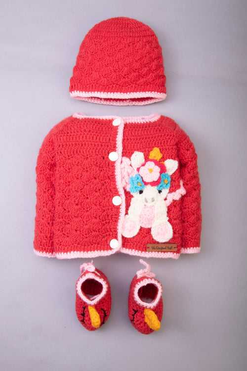 Unicorn Handmade Sweater Set- Red & off White