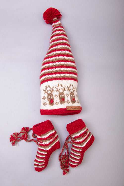 Reindeer Pattern Cap & Socks- Red & White
