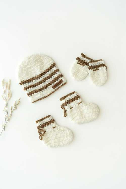 Unisex Kids Handmade Striped Cap With Booties & Mittens- White & Brown
