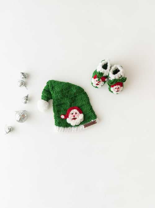 Handmade Santa Cap With Booties- Green & White