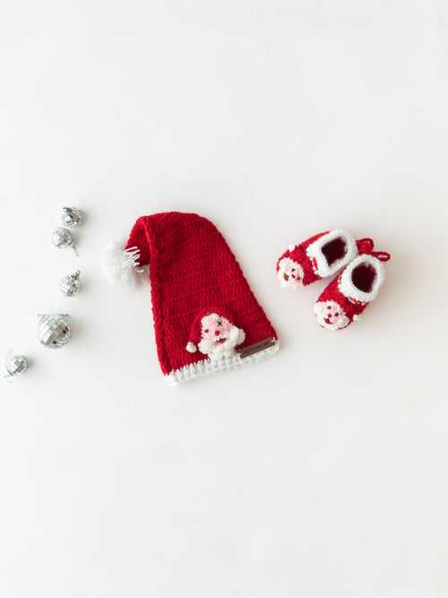 Handmade Santa Cap With Booties- Red & White