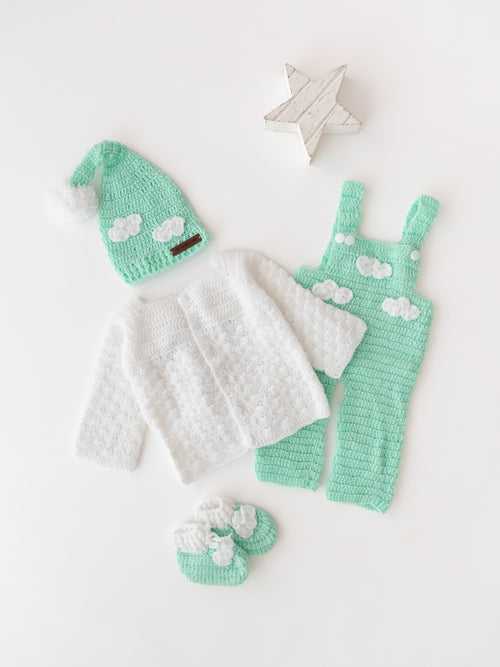 Cloud Embellished Handmade Crochet Dungaree Set - Light Green & White