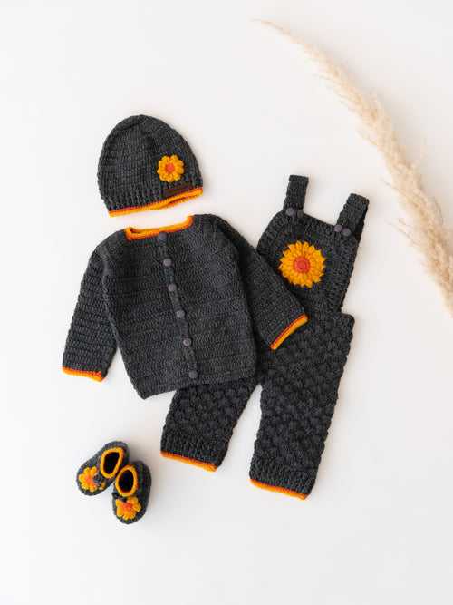 Handmade Crochet Sun Flower Dungaree Set - Dark Grey & Yellow