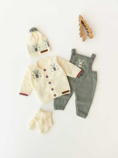 Reindeer Pattern Sweater Set with Dungaree - Grey & Cream