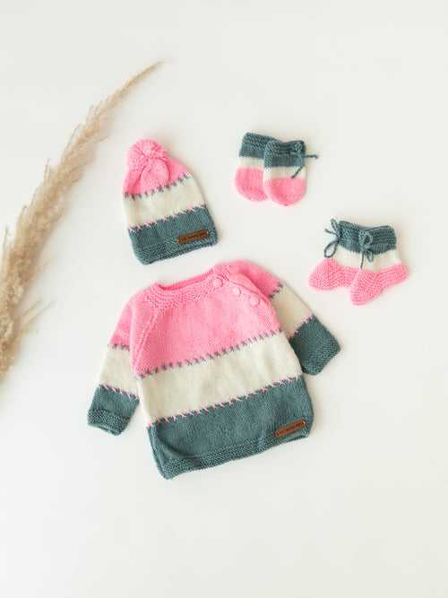 Embroidered Handmade Sweater Set- Baby Pink & Grey