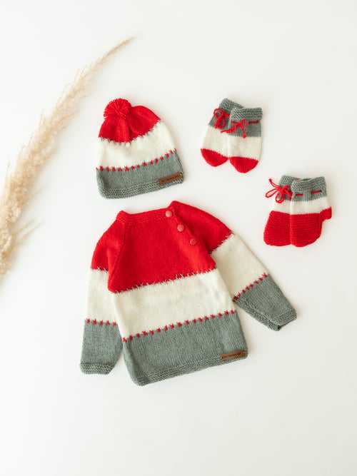 Embroidered Handmade Sweater Set- Red & Grey