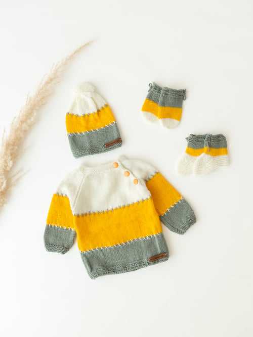 Embroidered Handmade Sweater Set- Yellow & Grey