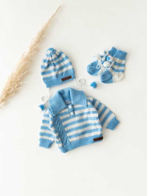 Handmade Striped Sweater Set With Cap & Socks- Ice Blue & White