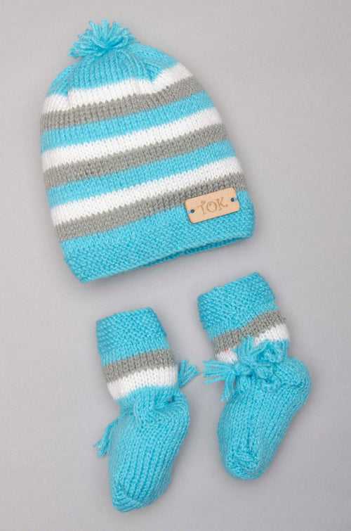 Handmade Striped Cap & Socks- Blue, Grey & White