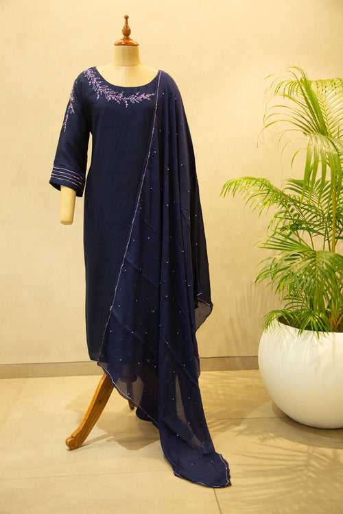 Navy Blue Hand Embroidered Semi- Stitched Salwar Set