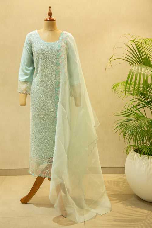 Aqua Blue Net Lace Semi- Stitched Salwar Set