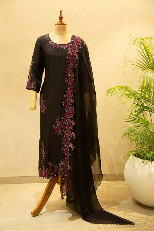 Embroidered Black Semi- Stitched Salwar Set