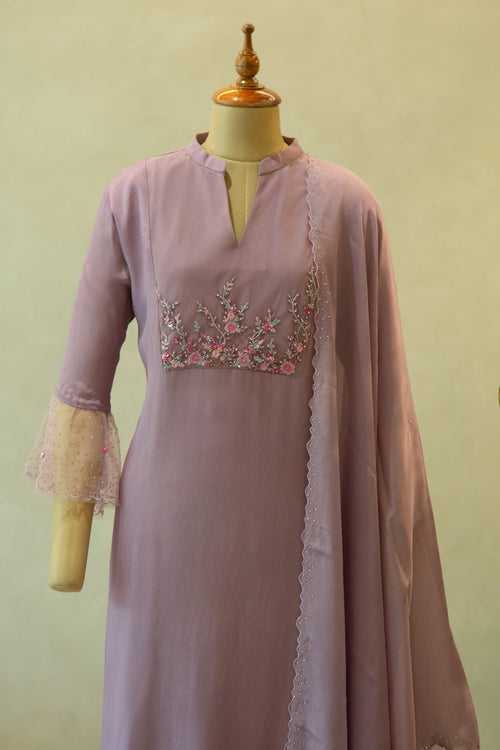 Lavender Floral Embroidered Semi- Stitched Salwar Set