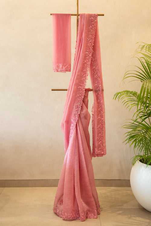 Pink Crushed Tissue Organza Saree