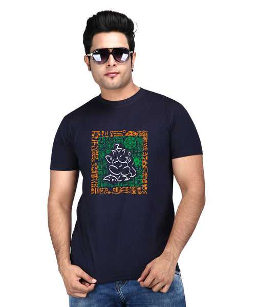 Square Ganesha - Premium Round Neck Cotton Tees for Men - Navy Blue