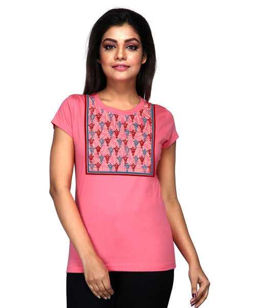 Elephant Border - Block Print Tees for Women - Sunskit Coral