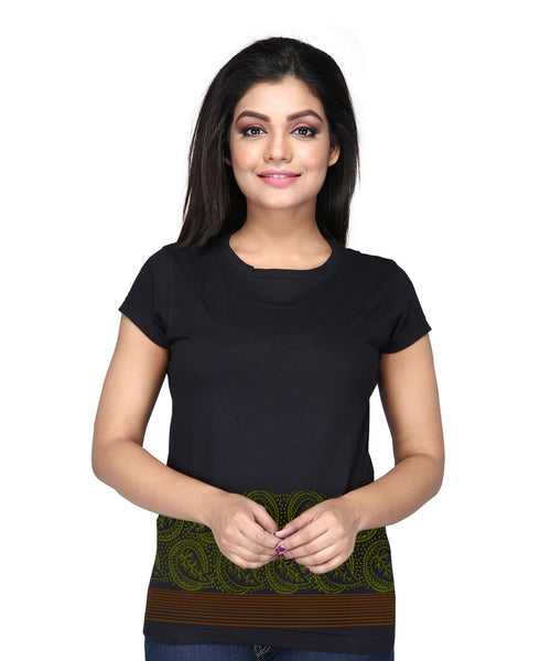 Leaf Border - Block Print Tees for Women - Black