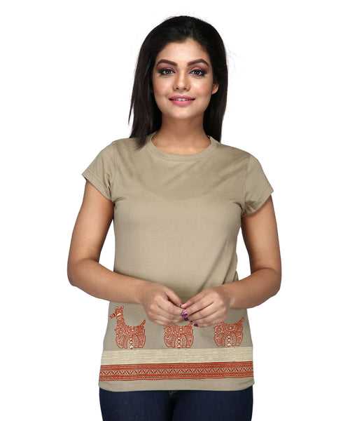 Horse Border - Block Print Tees for Women - Khaki