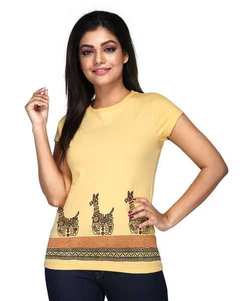 Horse Border - Block Print Tees for Women - Golden Yellow