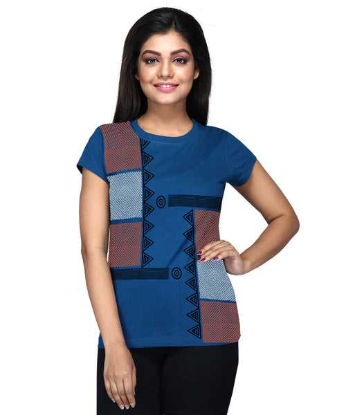 Side Print - Block Print Tees for Women - Intense Blue