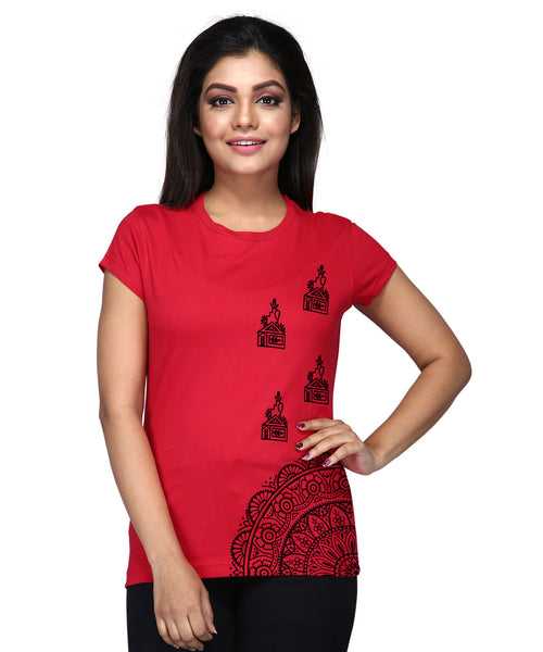 Side Bottom Flower - Block Print Tees for Women - Red