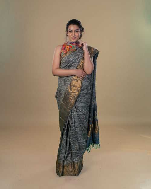 Blue Tussar Ajrakh Kanjeevaram Saree