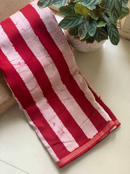 Red Stripes hand blockprinted saree