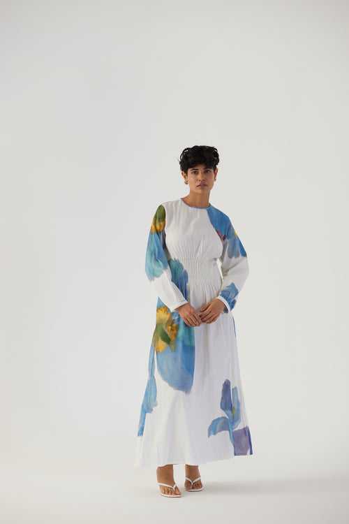 New Season Fall 23/Summer 24-Dress Cotton Satin Pintucks Blue Poppies White-YAMBB14-Fashion Edit Yam
