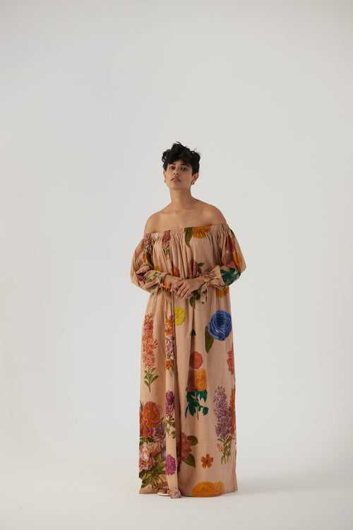 New Season Fall 23/Summer 24-Dress-Cotton -Off-Shoulder-Vintage Garden Beige-YAMBB04-Fashion Edit Yam