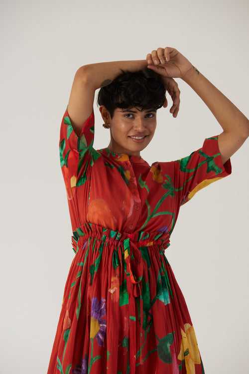 New Season Fall 23/Summer 24-Dress Cotton Gathered Big Botanical Red-YAMBB10-Fashion Edit Yam