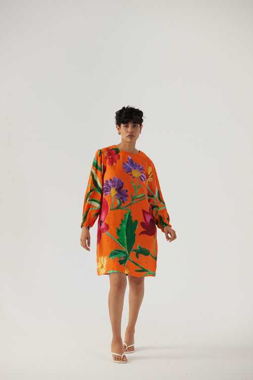 New Season Fall 23/Summer 24-Dress Linen Short Big Botanical Orange-YAMBB11-Fashion Edit Yam