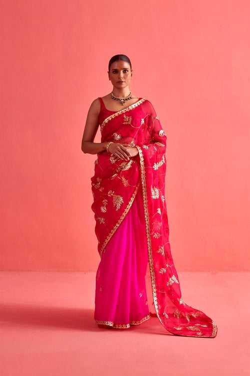 New Season Festive 2024-Saree-Organza/Mashru Silk 3pcs Rani-Red ombrÃ©-AS102-Fashion Wedding Edit Aarti Sethia