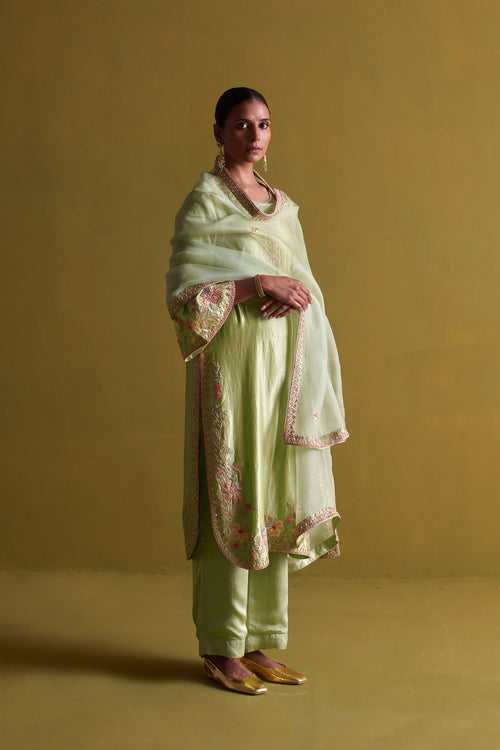 New Season Festive 2024-Coord Set-Kora Silk/Bamberg Satin/Organza 3pcs Pista Green-AS112-Fashion Wedding Edit Aarti Sethia