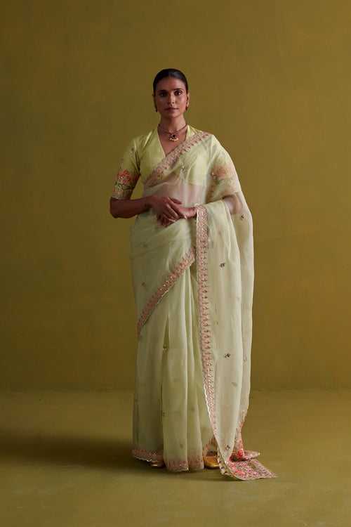 New Season Festive 2024-Saree-Organza/Raw Silk 3pcs Pista Green-AS106-Fashion Wedding Edit Aarti Sethia