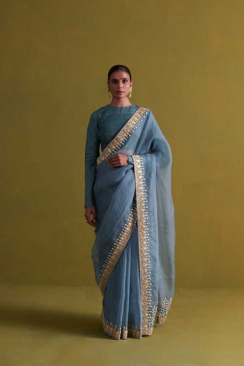 New Season Festive 2024-Saree-Organza/Raw Silk 3pcs Marine Blue-AS105-Fashion Wedding Edit Aarti Sethia