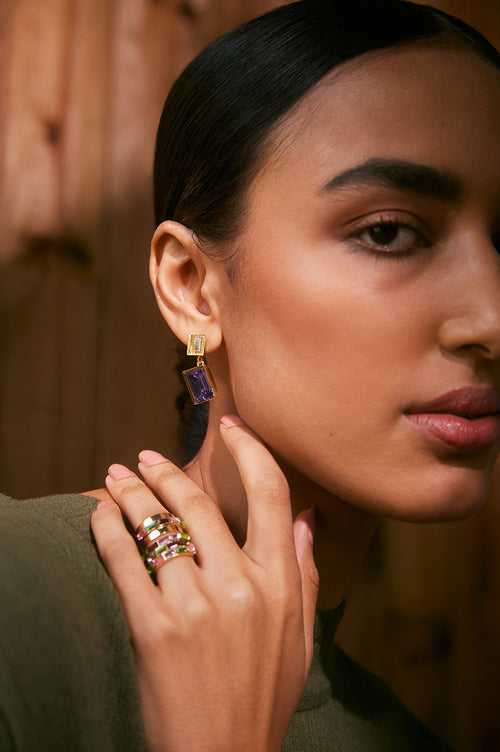 Fashion Jewelry-18k Gold Plated-Band Ring-Elysian Crystal-3 Strands-Multi-VOYCE1018-M-Fashion Edit Voyce