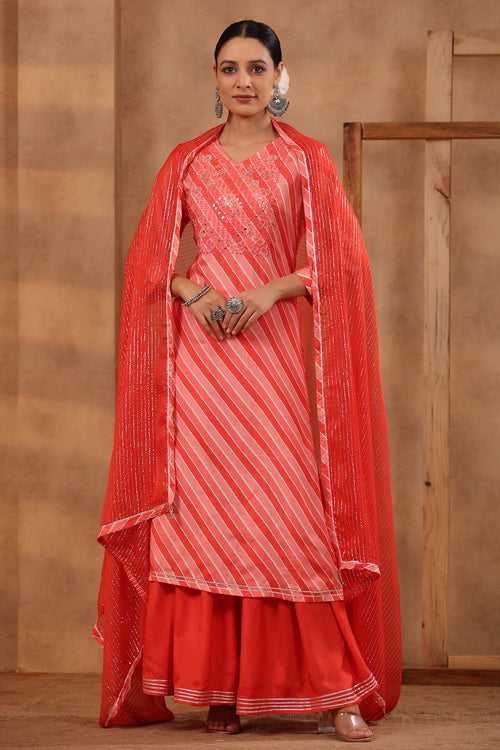 Peach Lehariya Sharara Set with Chiffon dupatta