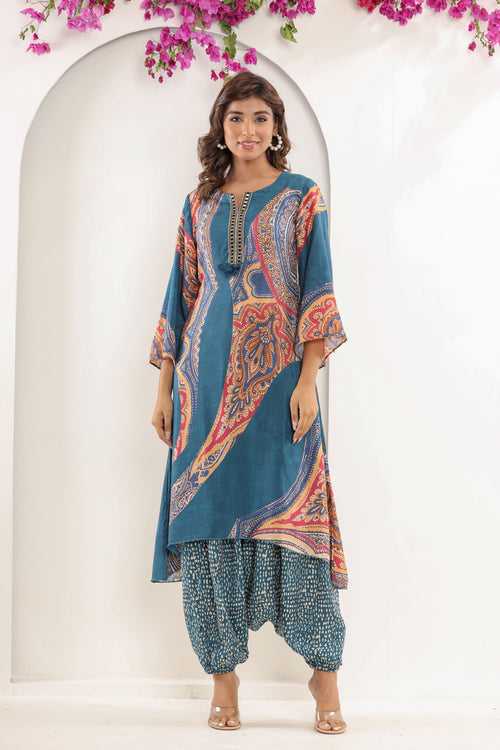 Blue and orange blossom kurta set