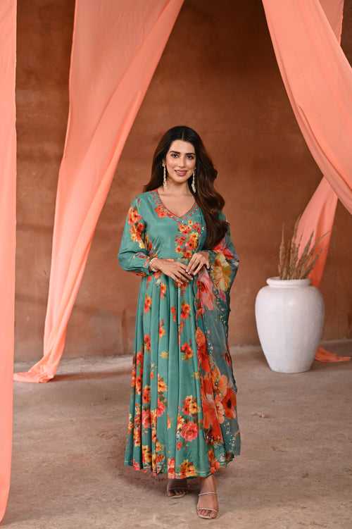 Green  Kashida Muslin Anarkali Suit Set with Organza Floral Dupatta
