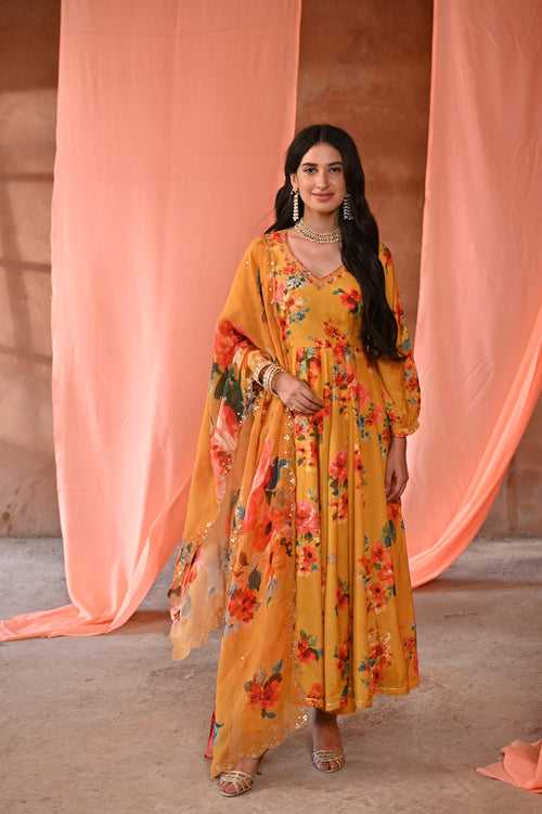Yellow Kashida Muslin Anarkali Suit Set with Organza Floral Dupatta