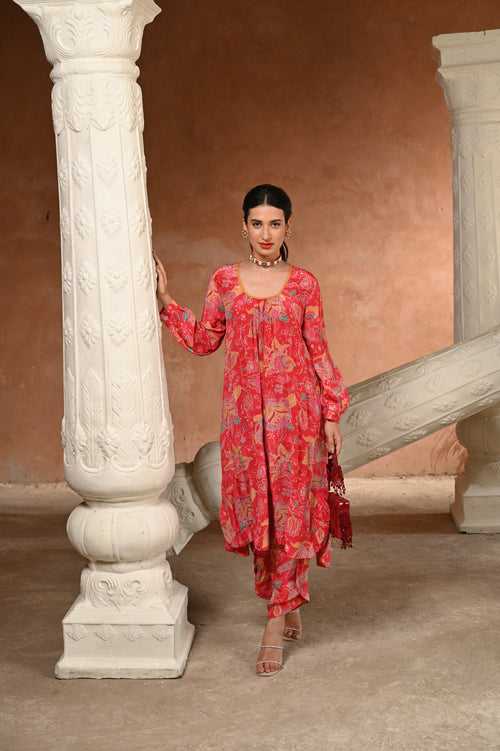 Crimson Red Pure Crepe Spread Delicate Work Kurta with Overlapping Hem Pants