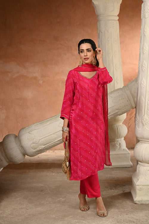 Pink Bandhani Pure Crepe with Spread Work Suit Set