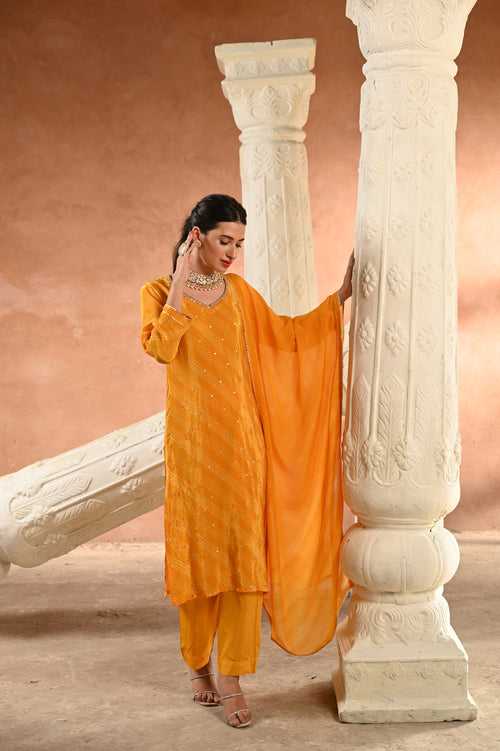 Yellow Bandhani Pure Crepe with Spread Work Suit Set