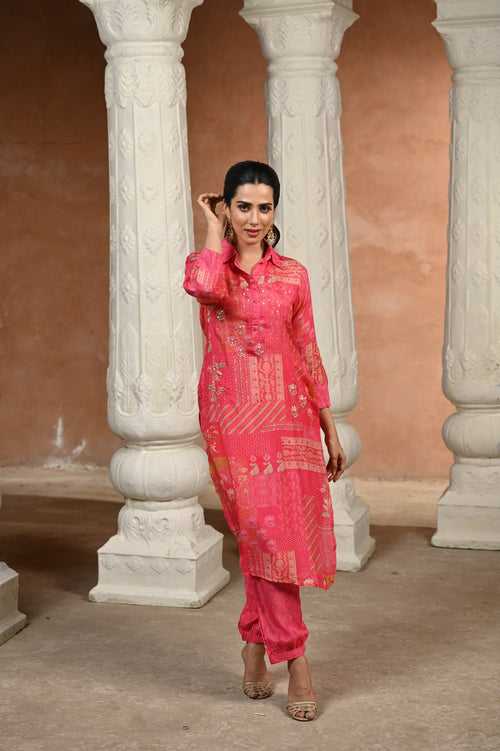 Pink Patch Block Print With Spread Work Kurta and Afghani Pants