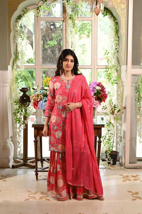 Punch Pink Sharara Set with Spread Work and Scalloped Border (Pink)