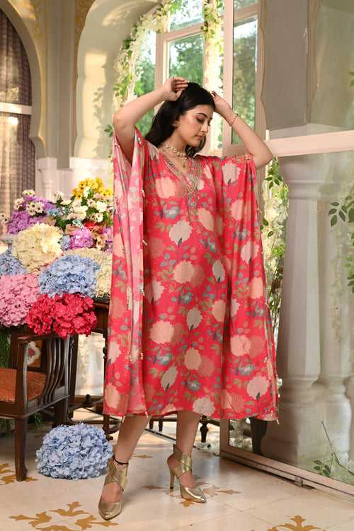 Punch Pink Floral Print Kaftan with Gota Patti Work on the Neck