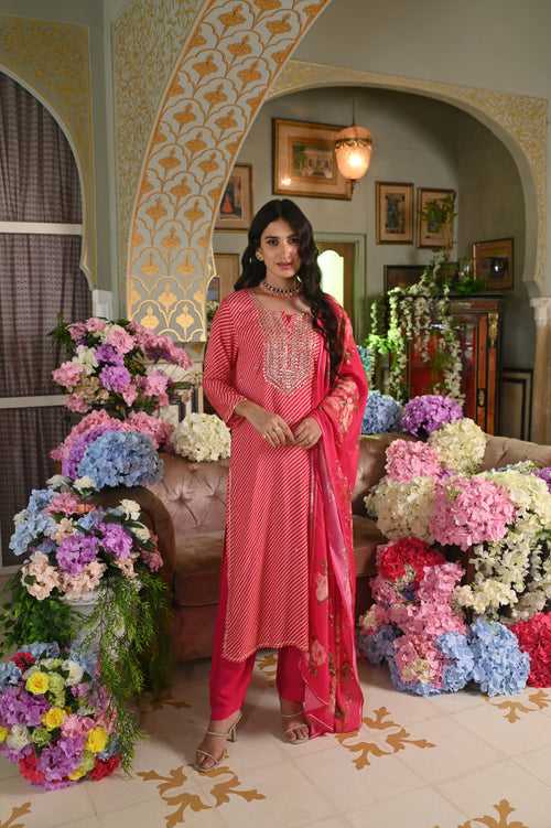 Pink Lehariya Gota Work Muslin Suit With Floral Print Dupatta