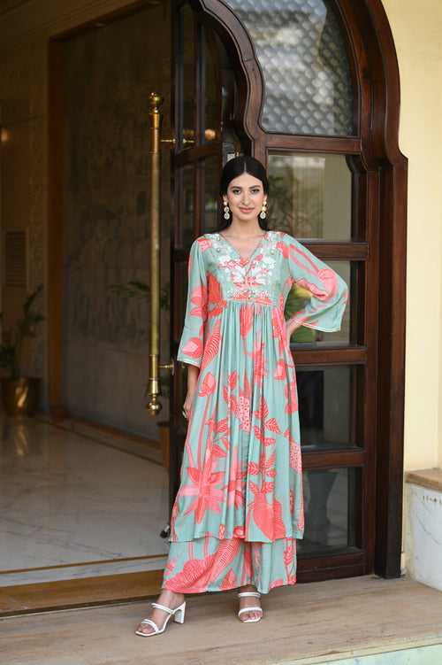 Bold Green Floral Print with Pearl Work Kurta and Flared Palazzo