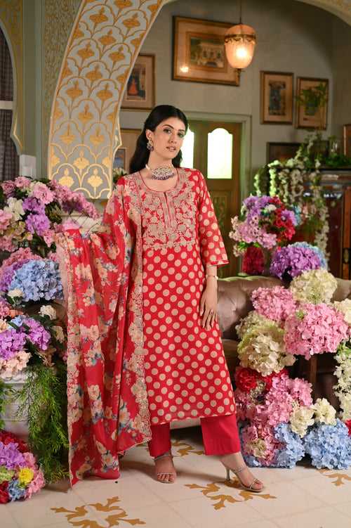 Redish Pink Polka Dot Chanderi Suit Set with Cut Work Dupatta and Marodi Work